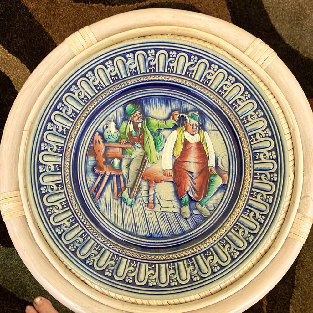 VINTAGE FRANZ GERZIT BLUE STONEWARE WEST GERMANY SMALL TOWN SCENE 10" ROUND
